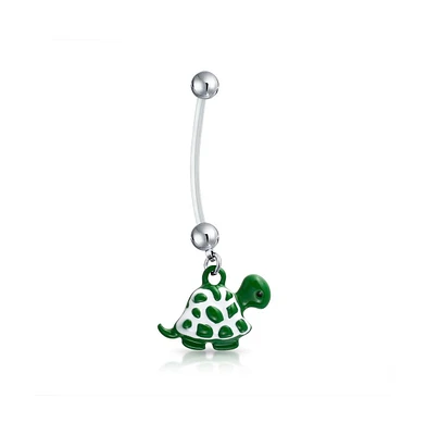 Bling Jewelry Bio flex Green Beach Turtle Dangle Bar And Ball Style Navel Belly Ring Silver Tone Surgical Steel 14G