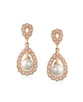 Bling Jewelry Filigree White Simulated Teardrop Dangle Earrings Rose Gold Plated Brass
