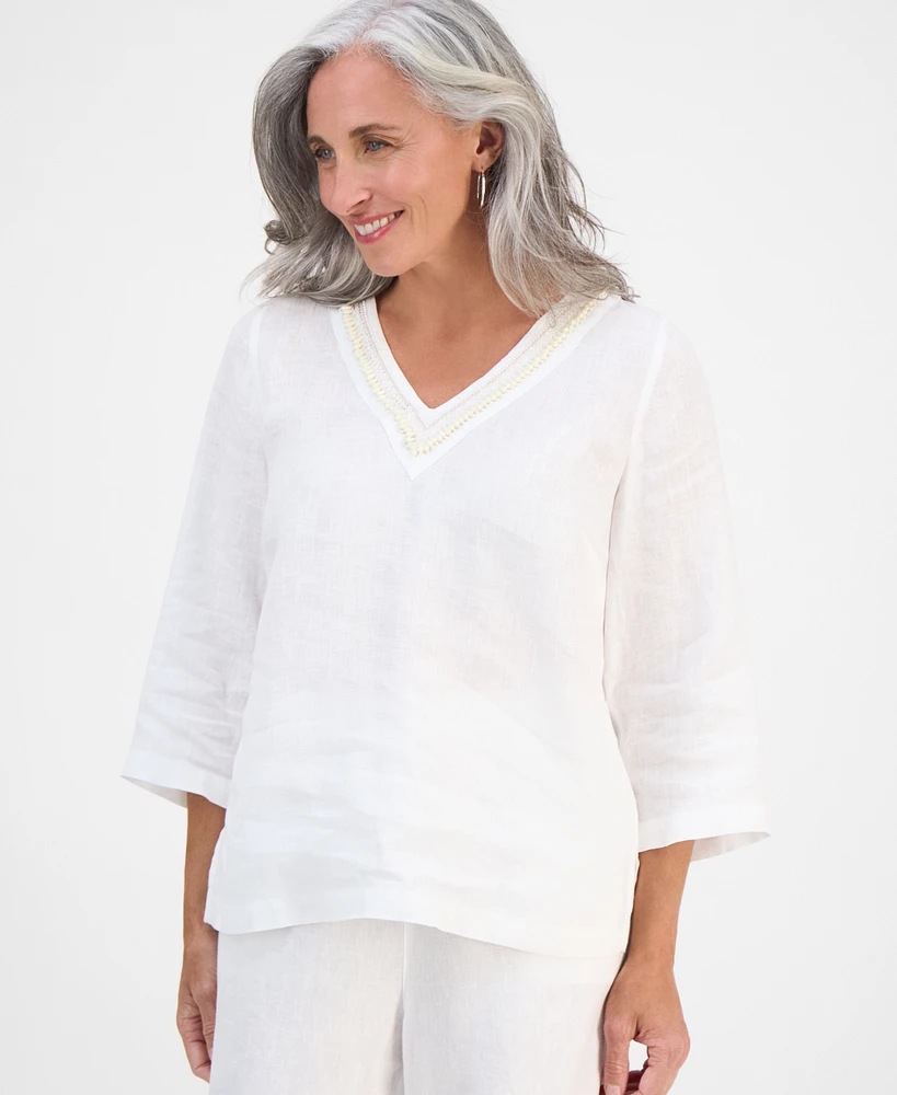 Charter Club Petite Embellished V-Neck 3/4-Sleeve Linen Top, Exclusively at Macy's