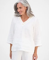Charter Club Petite Embellished V-Neck 3/4-Sleeve Linen Top, Exclusively at Macy's