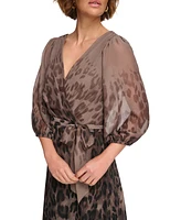 Dkny Petites Chiffon Printed Surplice Balloon-Sleeve Dress
