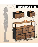 5-Drawer Dresser with Charging Station for Bedroom, Living Room, Closet, Entryway, Fabric Chest of Drawers Open Shelves, Rustic Brown Wood Grain