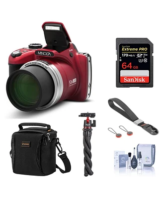 Minolta MN53Z 16MP Fhd Digital Camera with 53x Optical Zoom, Wi-Fi, Red Bundle with Shoulder Bag, 64GB Sd Card, Wrist Strap, Octopus Tripod, Cleaning