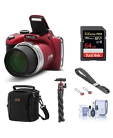 Minolta MN53Z 16MP Fhd Digital Camera with 53x Optical Zoom, Wi-Fi, Red Bundle with Shoulder Bag, 64GB Sd Card, Wrist Strap, Octopus Tripod, Cleaning