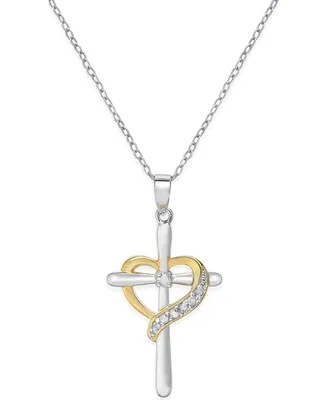 Diamond Cross Heart Pendant Necklace (1/10 ct. t.w.) in Sterling Silver and 18K Gold-Plated Sterling Silver - Two