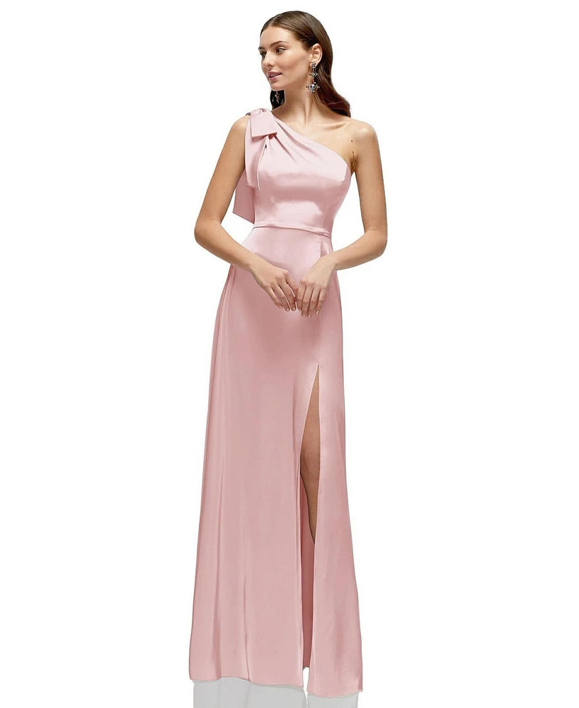 After Six Women's Bow One-Shoulder Fluid Satin Maxi Dress with Full Skirt