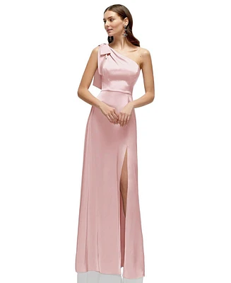 After Six Women's Bow One-Shoulder Fluid Satin Maxi Dress with Full Skirt