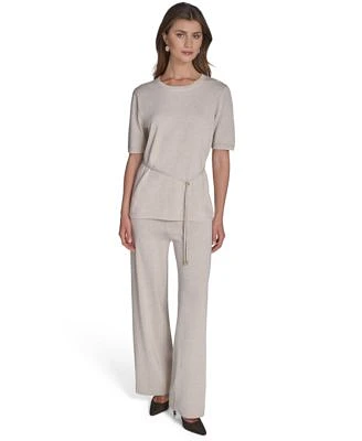 Halston Womens Metallic Tie Waist Round Neck Top High Rise Wide Leg Knit Pants