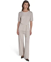 Halston Womens Metallic Tie Waist Round Neck Top High Rise Wide Leg Knit Pants