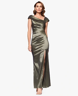 Xscape Petite Asymmetrical-Neckline Long Sheath Dress