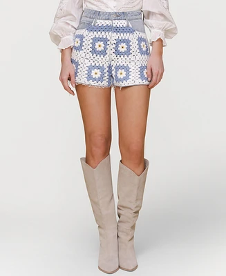 Avec Les Filles Women's Crochet-Front Denim Cutoff Shorts