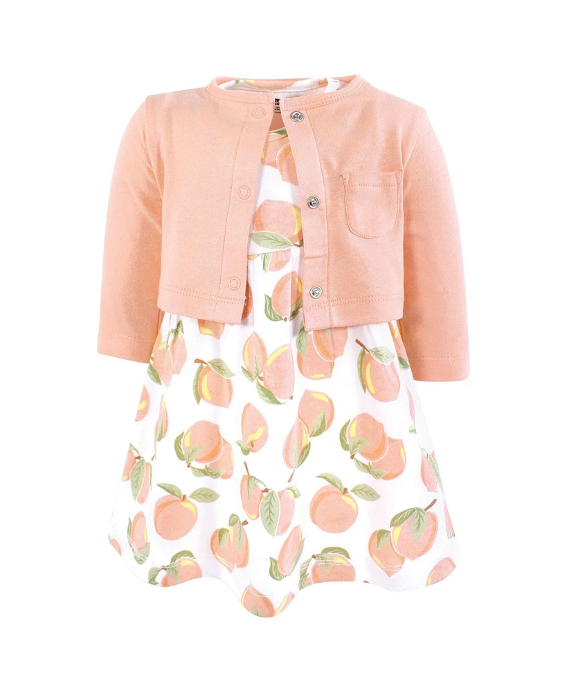 Hudson Baby Girls Cotton Dress and Cardigan Set, Sweet Peach