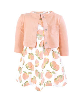 Hudson Baby Girls Cotton Dress and Cardigan Set, Sweet Peach
