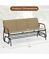 Patio Glider Bench with Curved Teak Armrests and Breathable Fabric Seat for 3 People