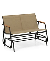 Slickblue Patio Glider Bench with Curved Teak Armrests and Breathable Fabric Seat for 2 People
