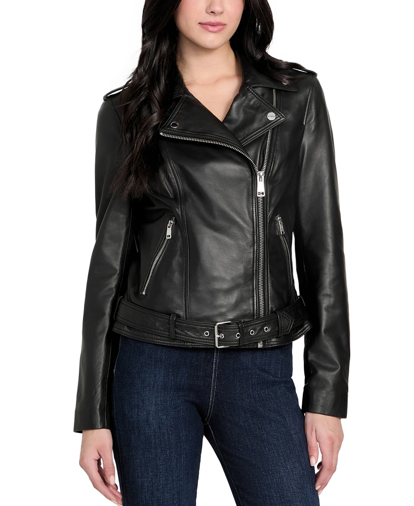 Guess Women's Asymmetric Belted Leather Moto Jacket