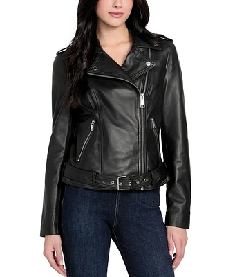 Guess Women's Asymmetric Belted Leather Moto Jacket