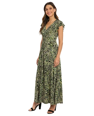 London Times Petites Printed Jersey Long Fit & Flare Dress