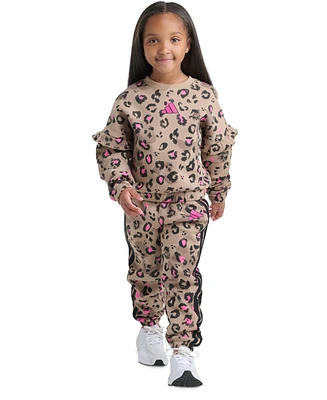 adidas Toddler & Little Girls Printed Flutter-Sleeve Pullover Sweatshirt Elastic-Waistband Jogger Pants, 2 Piece Set