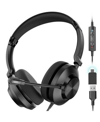 Delton 32y Wired Computer Headset Ms Teams Compatible Stereo Headphones With Dual Noise Cancelling Microphones In Line Controls On Ear Usb Headset For Pc Laptop Black