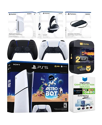 Sony PlayStation 5 Astro Bot Slim Digital Bundle with Disc Drive, Pulse Elite Headset, Extra Controller, Vertical Stand, MightySkins Game Collection S