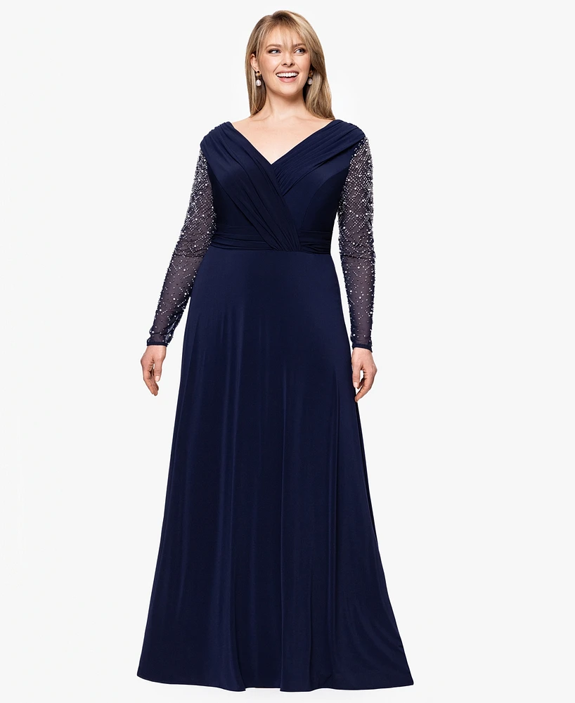 Betsy & Adam Plus V-Neck Beaded Long A-Line Dress