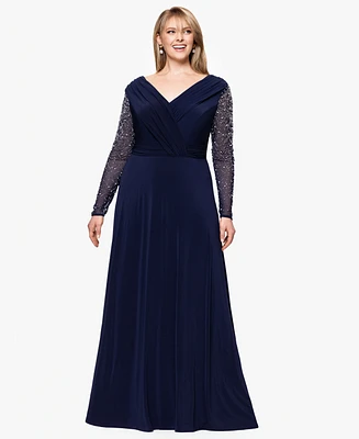 Betsy & Adam Plus V-Neck Beaded Long A-Line Dress