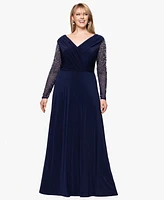 Betsy & Adam Plus V-Neck Beaded Long A-Line Dress
