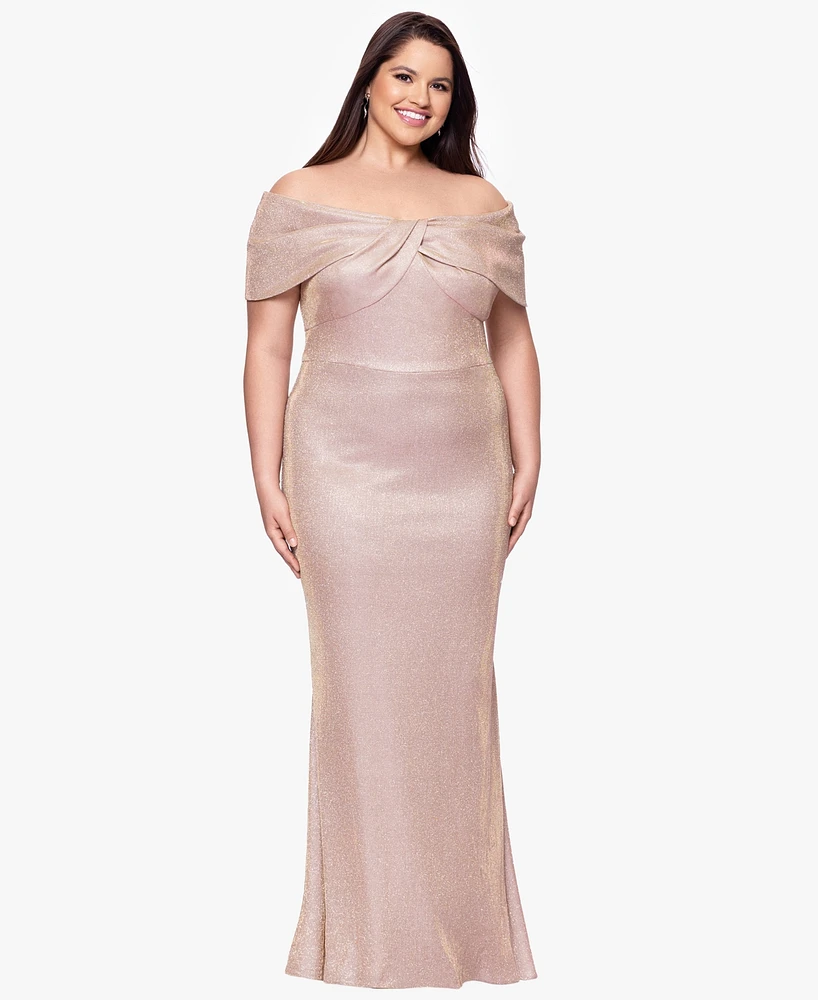 Betsy & Adam Plus Off-The-Shoulder Long Sheath Dress