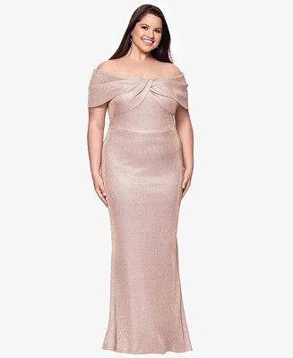 Betsy & Adam Plus Off-The-Shoulder Long Sheath Dress