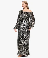 B&A By Betsy and Adam Plus Metallic Printed Long A-Line Dress