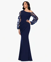 Betsy & Adam Petites Scuba Crepe Asymmetrical-Neck Long Dress
