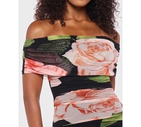 B Darlin Juniors' Printed Mesh Off-The-Shoulder Midi Dress