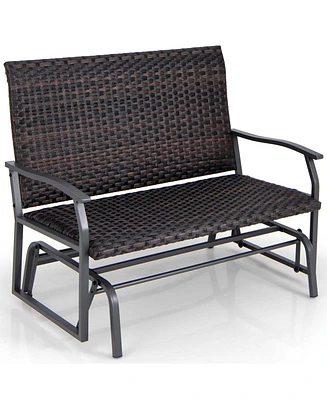 Gymax Outdoor Swing Glider Bench 2-Person Rattan Woven Glider Loveseat w/ Foam Seat