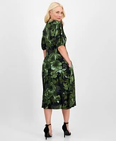 Connected Women's Woven Puff-Sleeve Round-Neck Midi Dress