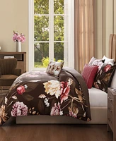 Bebejan Floral Garden on Mocha Bedding 200 Thread Count 100% Cotton Sateen 5 Piece Reversible King Comforter Set