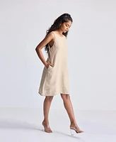 Reistor Women's Hemp Short Dress with Back Embroidered Lace Detail