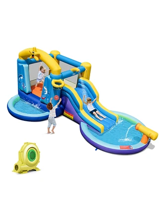 Gymax Kids Inflatable Water Slide Park Bounce Castle w/ 50 Ocean Balls & 735W Blower