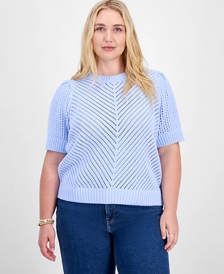 On 34th Trendy Plus Diagonal-Knit Puff-Sleeve Sweater, Exclusively at Macy's