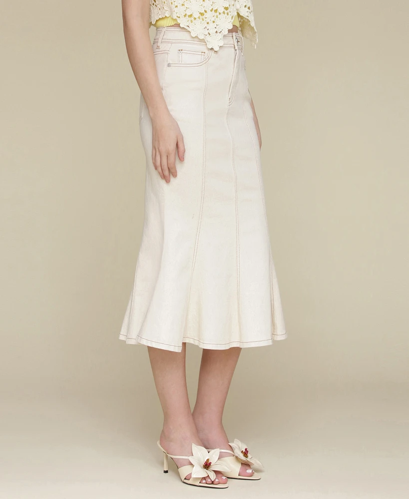 Avec Les Filles Women's Panelled Flare Denim Midi Skirt
