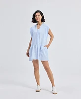 Reistor Women's Oversized V neck Short Dress with Frayed Sleeves