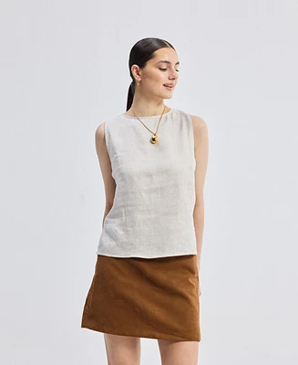 Reistor Women's Boat Neck Top Checkered Linen