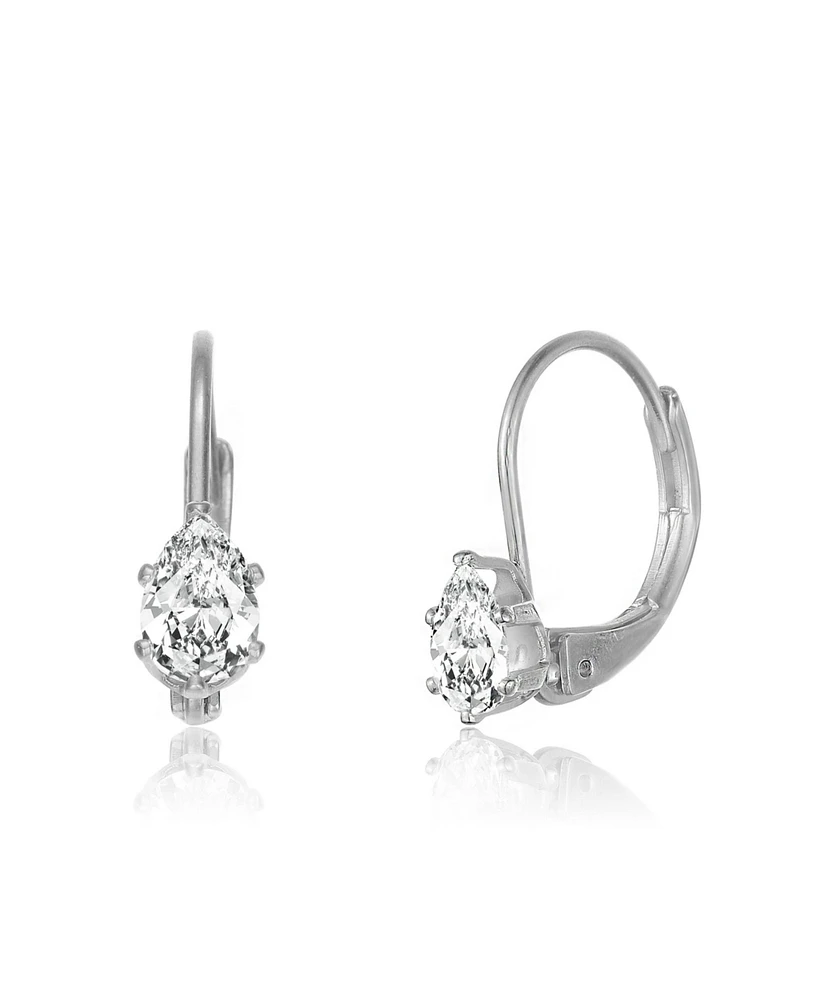 Genevive Sterling Silver White Gold Plating with Clear Oval Cubic Zirconia Leverback Earrings
