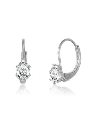 Genevive Sterling Silver White Gold Plating with Clear Oval Cubic Zirconia Leverback Earrings