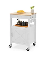 Rolling Kitchen Island Cart with Drawer and Side Hooks