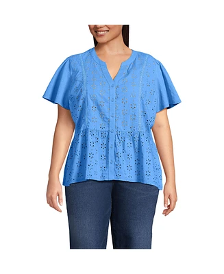 Lands' End Women's Plus Short Sleeve Mixed Media Eyelet Top