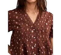 Lucky Brand Women's Cotton Short-Sleeve Pintuck Top