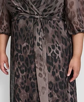 Dkny Plus Ombre Printed Balloon-Sleeve Faux-Wrap Dress