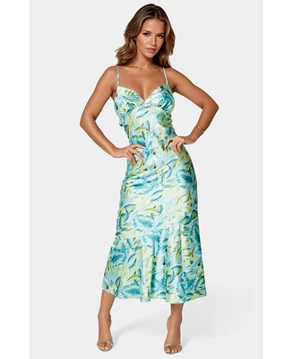 Bebe Women's Printed Satin Flounce Maxi Dress