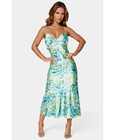 Bebe Women's Printed Satin Flounce Maxi Dress